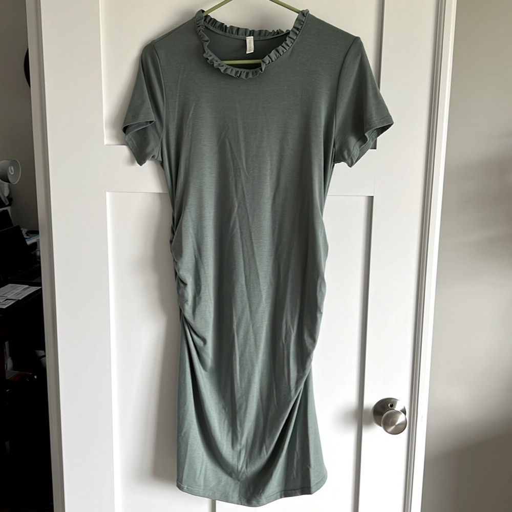 Dusty green short sleeve fitted maternity dress